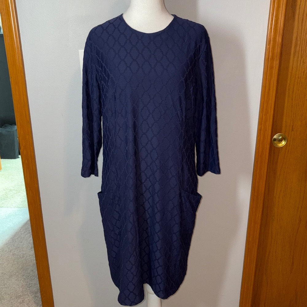 J.McLaughlin Textured‎ Catalyst Navy Blue midi Dress XL 3/4 Sleeve Sheath